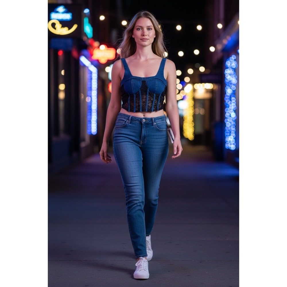 Denim Blvd Los Angeles Lace Corset Top Blue Black Bustier Crop Zip Back NWT‎